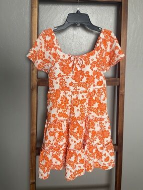 Girls' Orange Floral Tiered Casual Dress - Unbranded